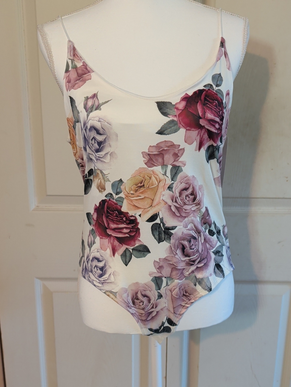 gaze Floral Spaghetti Strap Bodysuit - White with Rose Print